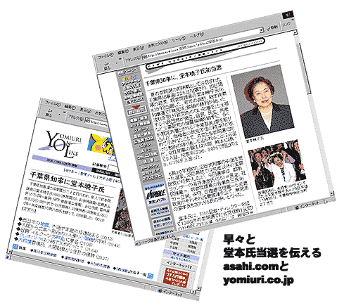 早々と堂本氏当選を伝えるasahi.comｔとyomiuri.com